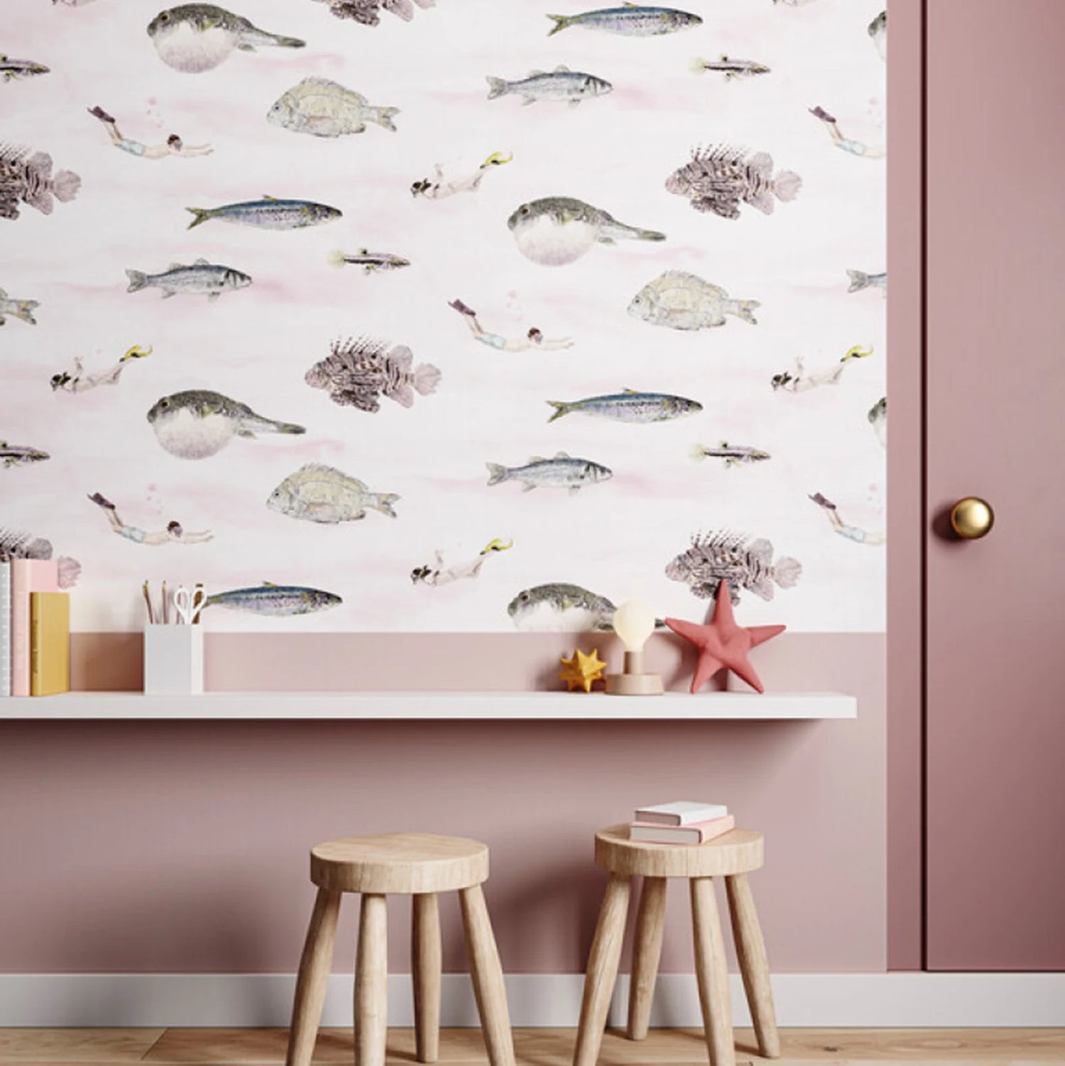 Wallpaper with fish pattern on a pink wall with wooden stools and decor.