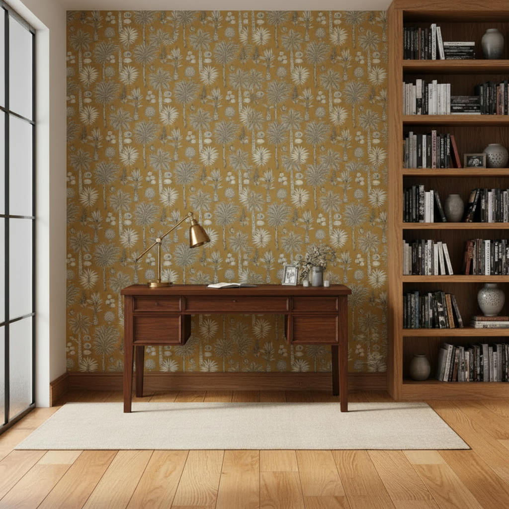 Wooden desk with a lamp and decorative items against a patterned wall with a bookshelf in the background.