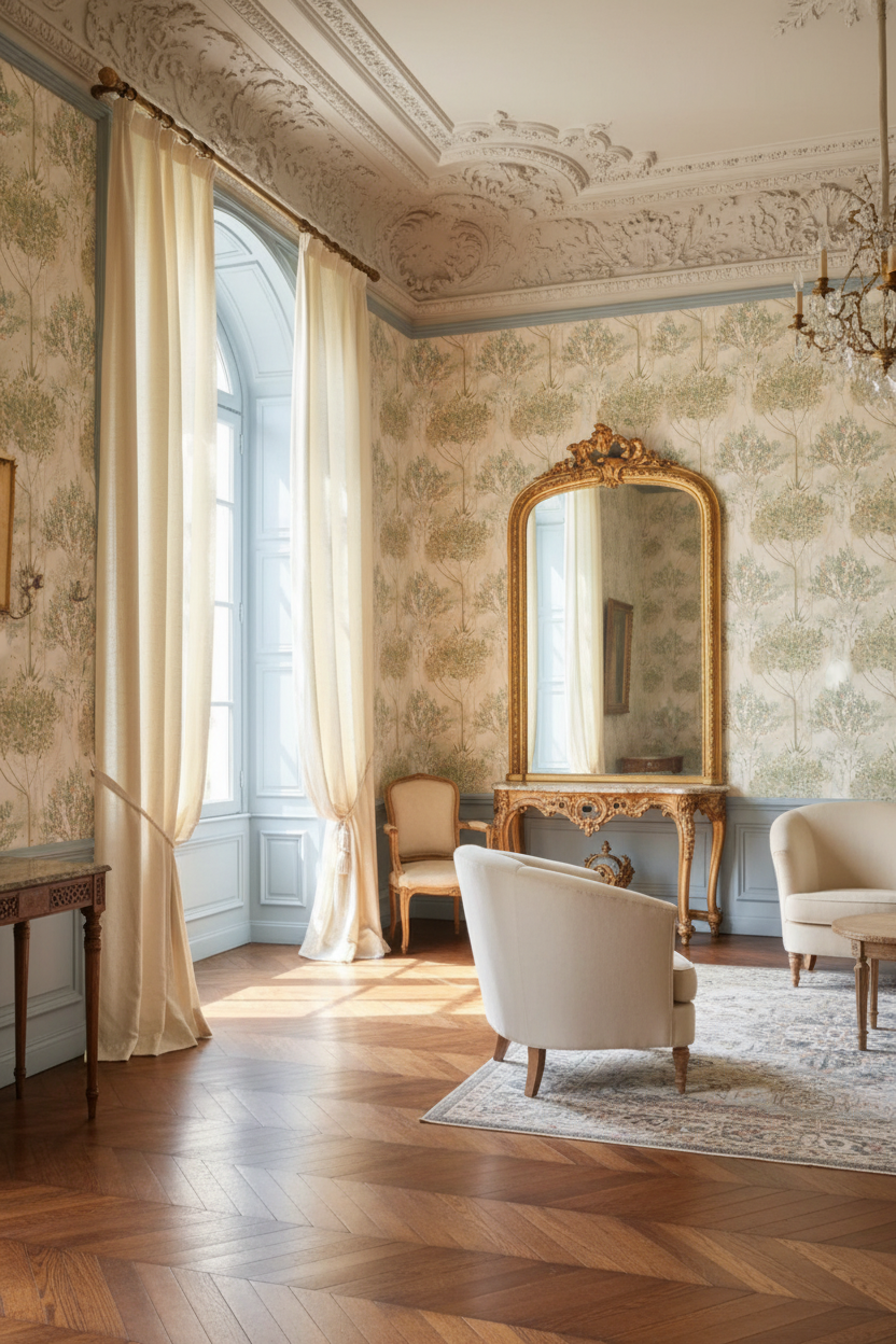 Luxurious interior of a room with ornate wallpaper, a large mirror, and elegant furniture.