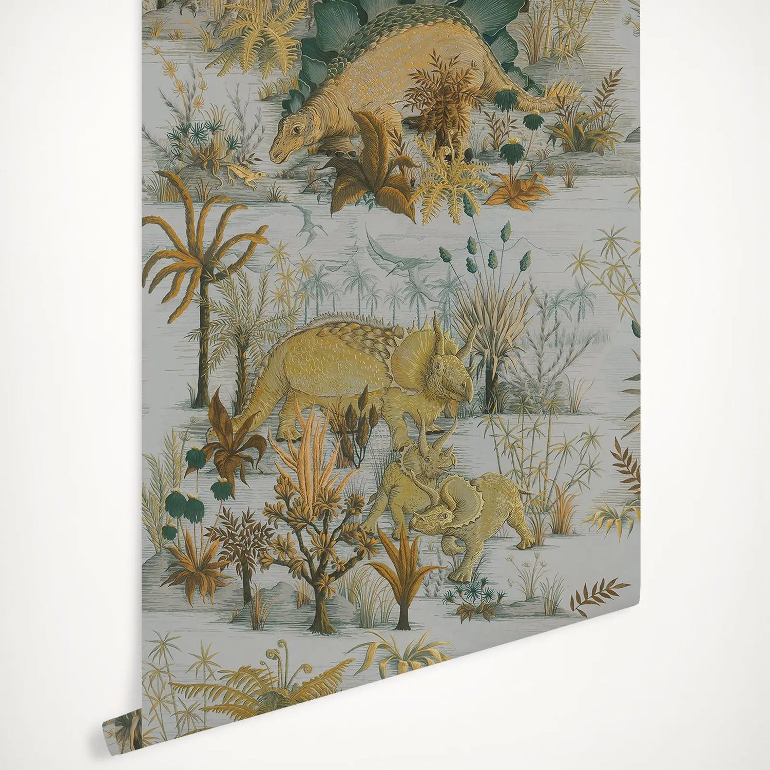 Roll of dinosaur-themed wallpaper with prehistoric creatures and plants on a light background
