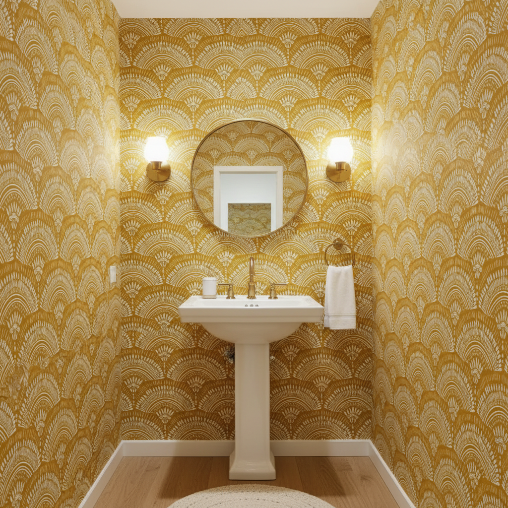 Bathroom with yellow patterned wallpaper, white sink, and round mirror.