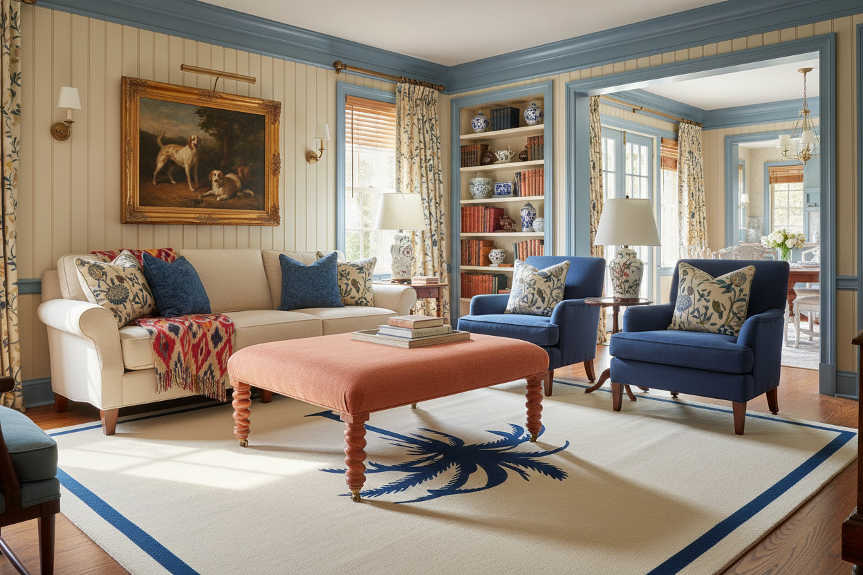 Living room with beige sofa, blue and beige rug, chairs, and a pink ottoman.