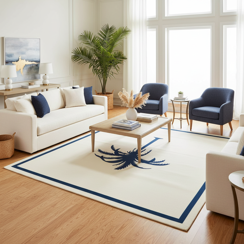 Modern living room with white sofa, blue armchairs, and a decorative knotted rug.