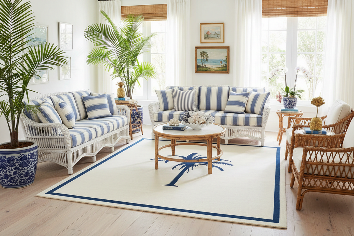 Living room with striped furniture, plants, and a rug.