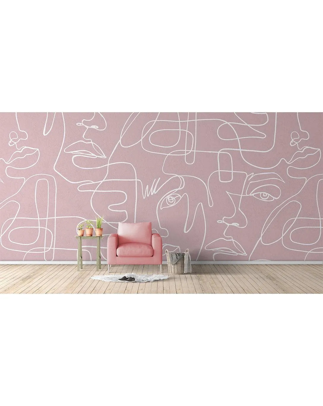 Abstract Female Faces Pink Line Art Beauty Studio Wall Mural