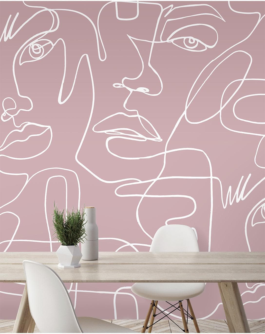 Abstract Female Faces Pink Line Art Beauty Studio Wall Mural 