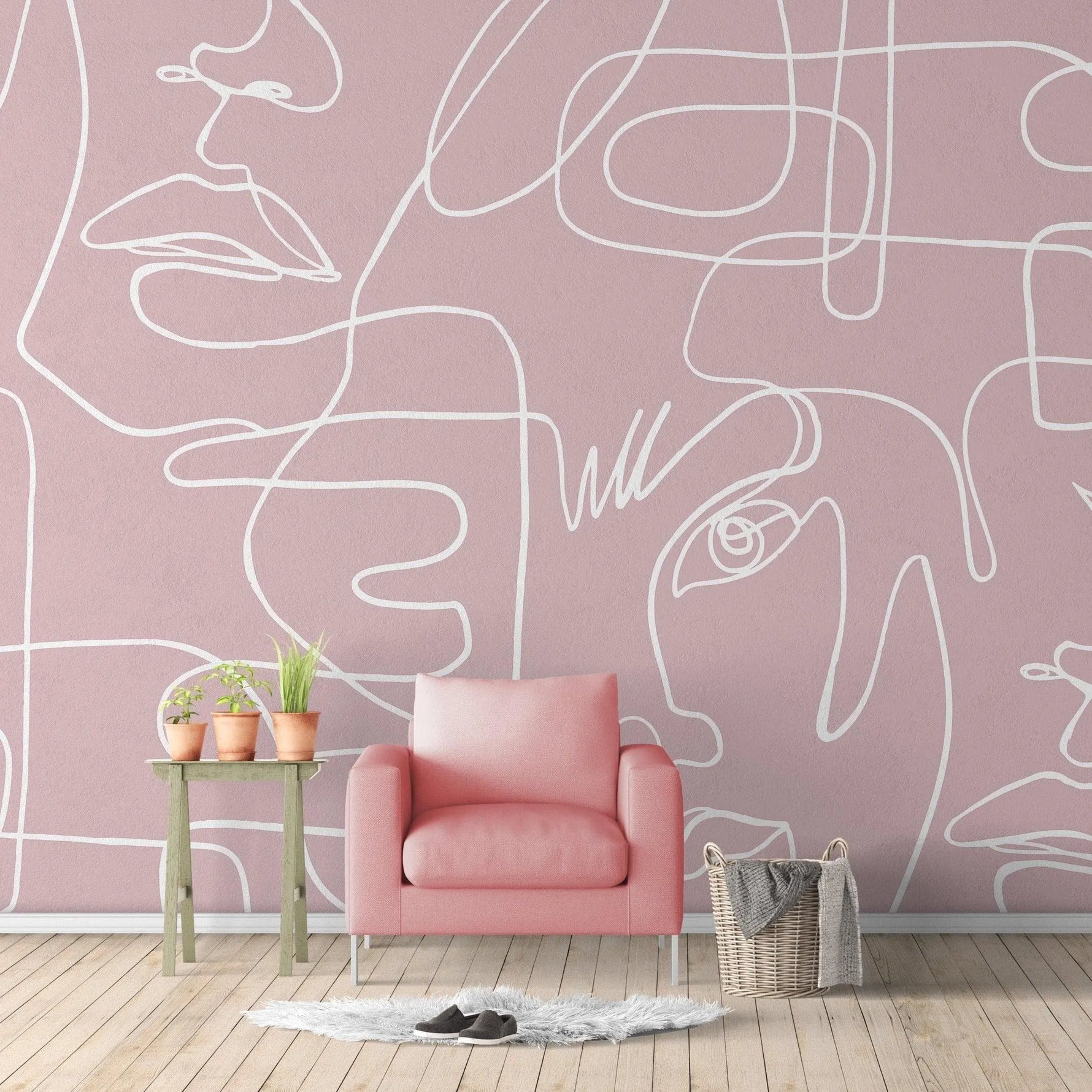 Abstract Female Faces Pink Line Art Beauty Studio Wall Mural