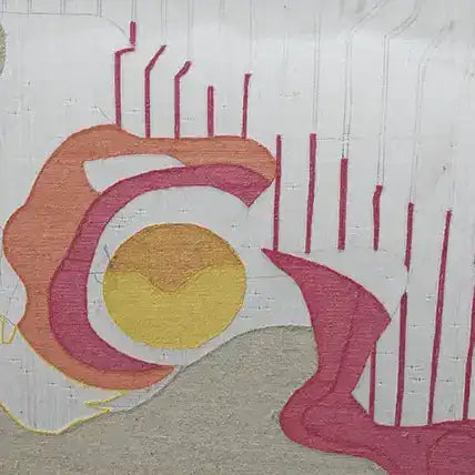 Close-up view of the Abstract Aura Hand Tufted Rug, featuring a dynamic design with vibrant colors including pink, orange, and yellow, perfect as an area rug for living room or dining room spaces. The wool rug showcases intricate patterns that add a modern touch to your living room and dining room decor.