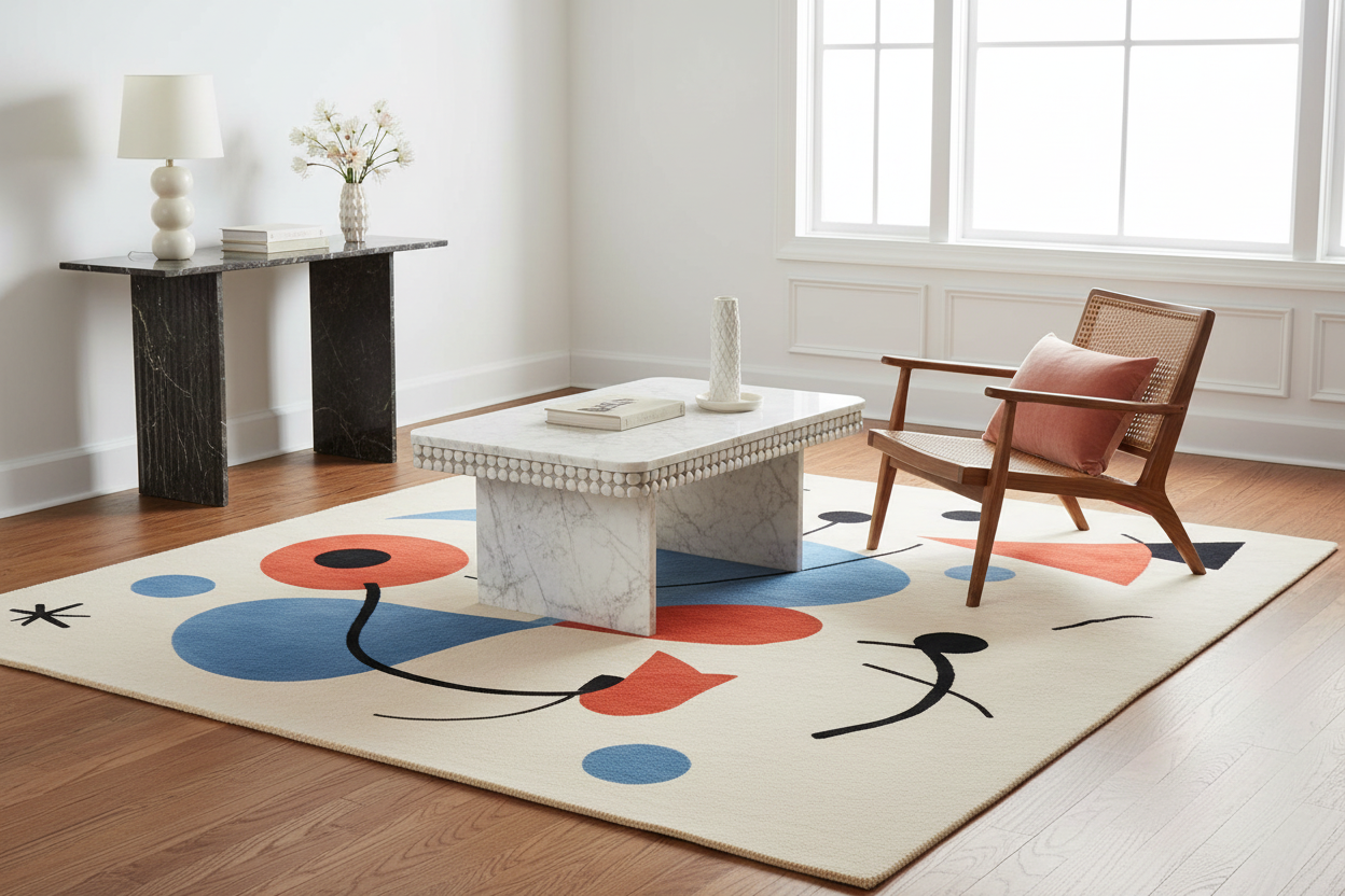 Modern living room with a colorful abstract rug, marble table, and wooden chair.