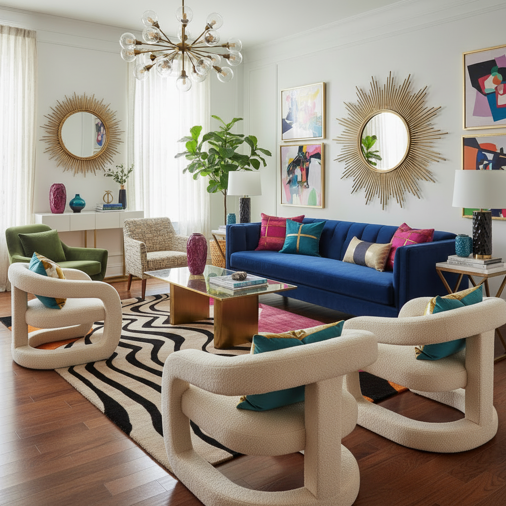 Modern living room with a blue sofa, colorful pillows, and decorative mirrors.