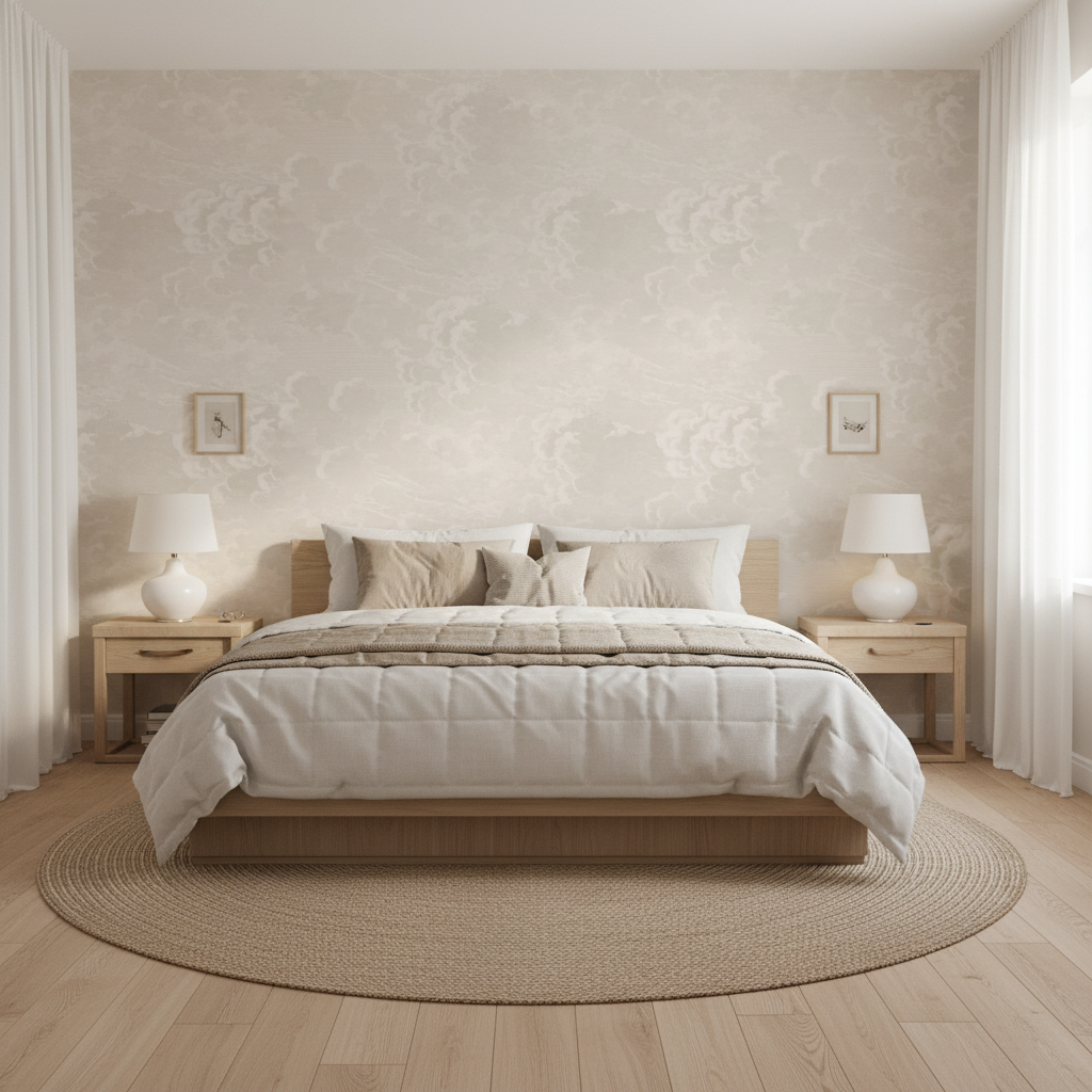 Neatly made bed in a bedroom with light-colored walls and wooden flooring.