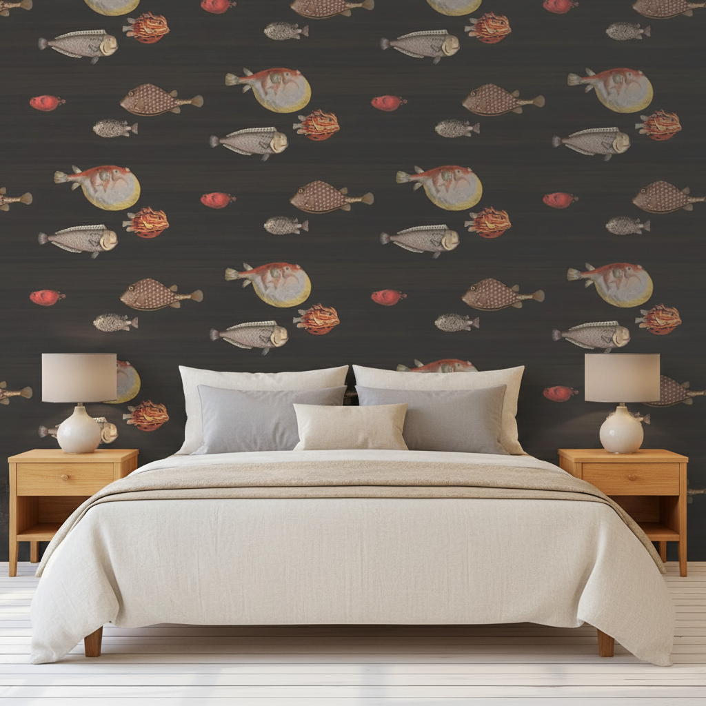 Bedroom with a bed and nightstands against a wall with a fish pattern.