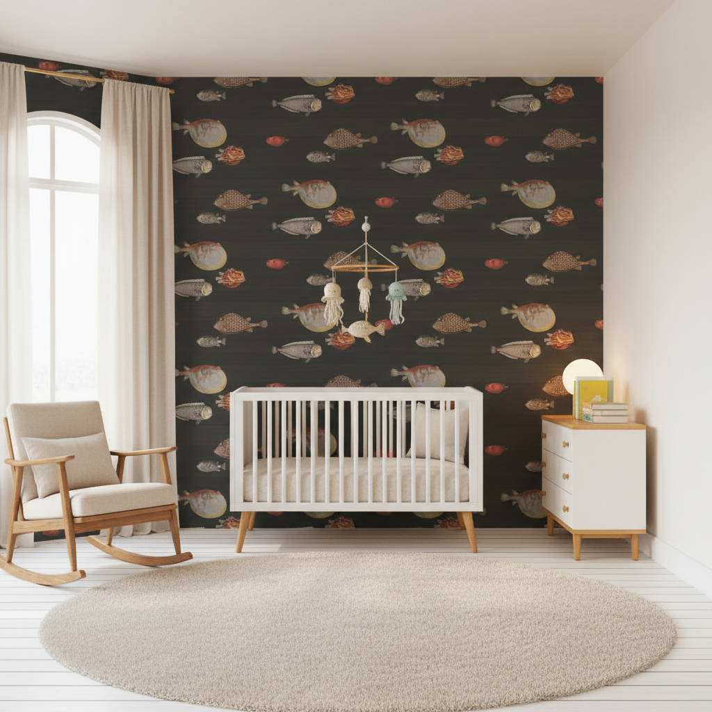 Nursery room with a crib, rocking chair, and decorative wall paper.