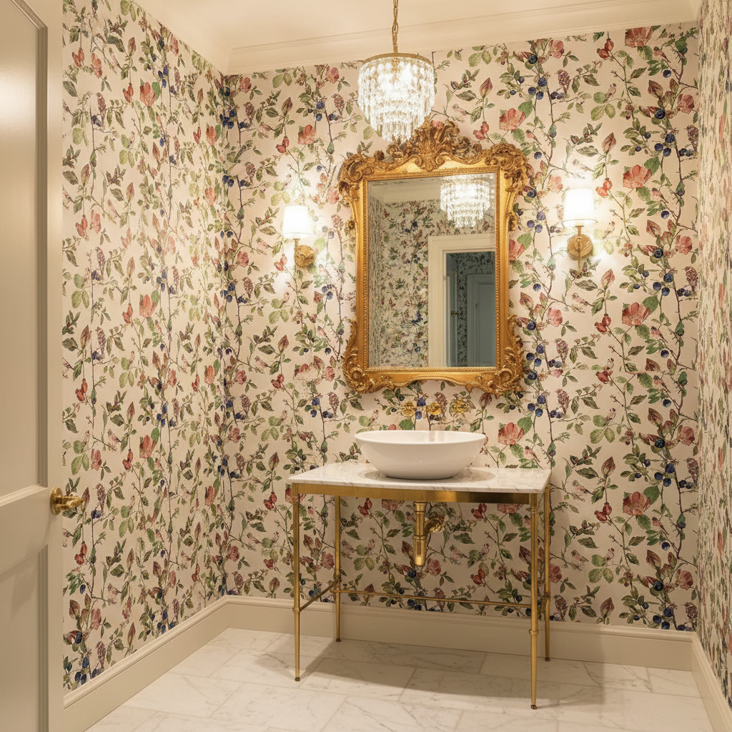 Bathroom with floral wallpaper, gold mirror, and sink.