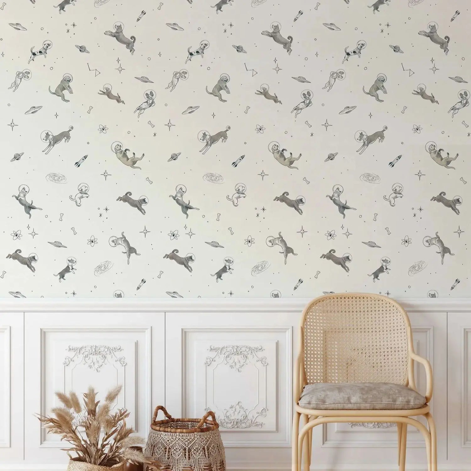 Wallpaper with dog pattern in a room with a chair and decor items.
