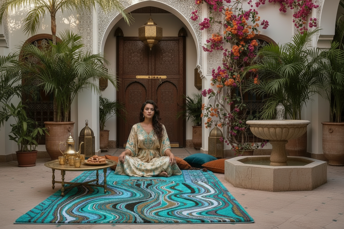 Woman sitting on a colorful rug in a decorative outdoor setting with plants and a fountain.