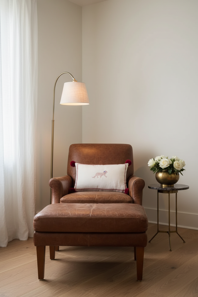 A brown leather armchair with an attached ottoman in a styled room corner, featuring a white throw pillow with a pink horse illustration, a floor lamp, and a small side table with white flowers.
