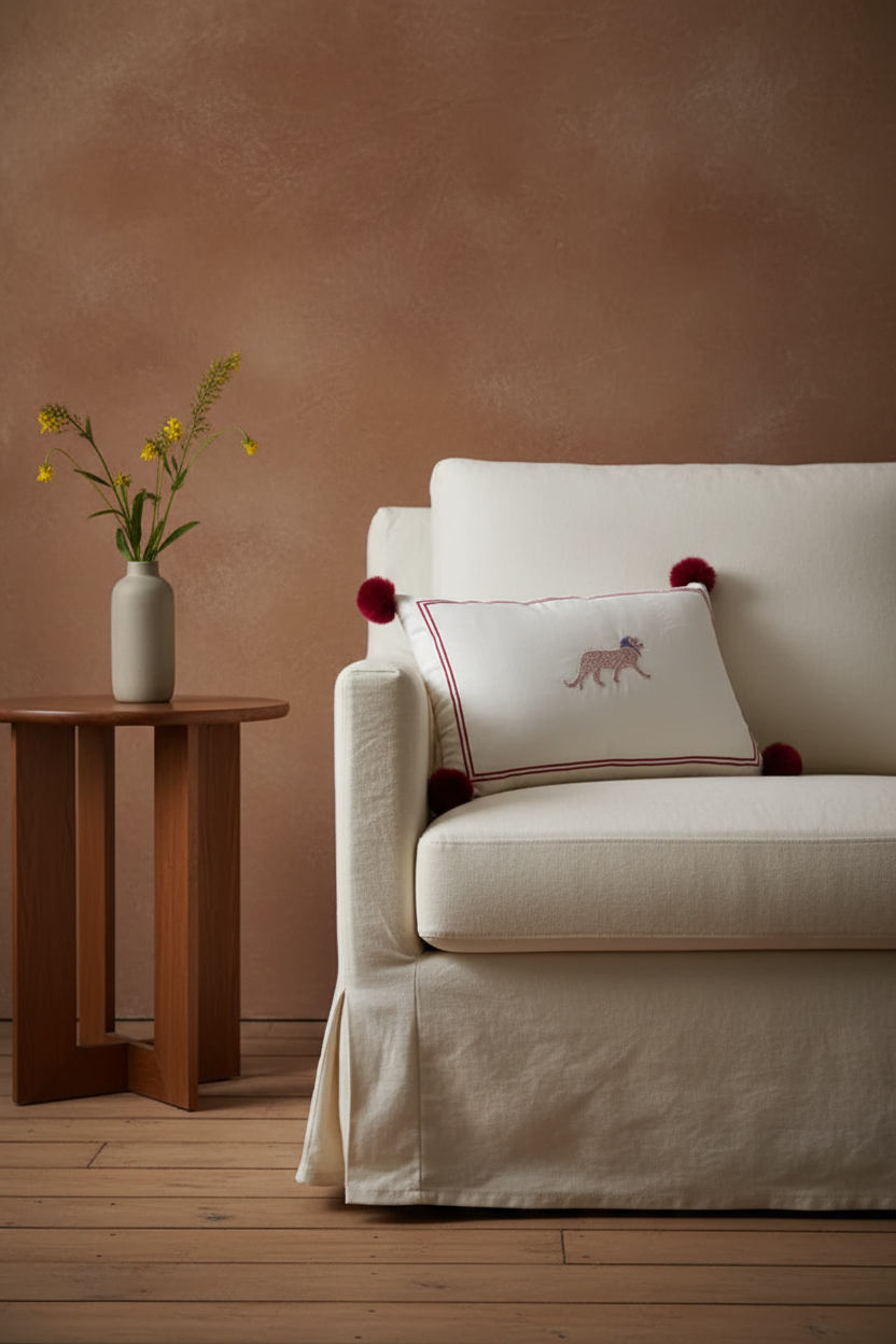 A cream-colored slipcovered armchair in a warm, rustic room setting, featuring a decorative throw pillow with a fox embroidery and red pom-poms, next to a wooden side table with yellow flowers.
