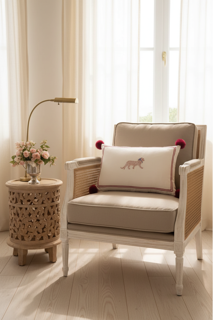 A beige upholstered armchair with woven cane sides and a decorative throw pillow featuring a pink embroidered animal, styled in a bright, sunlit room next to a carved wooden side table with flowers and a floor lamp.
