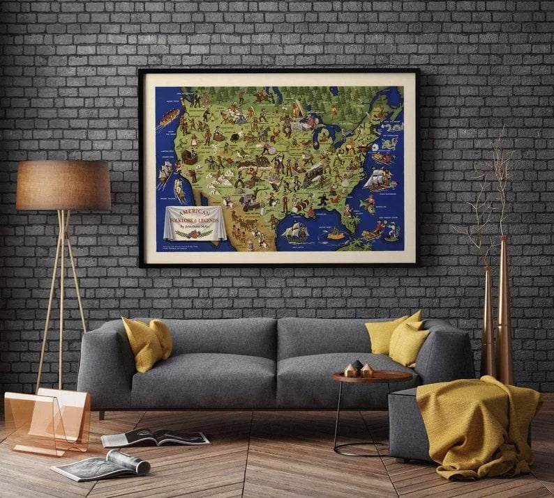 American Folklore Legends Map Print| Canvas Wall Art