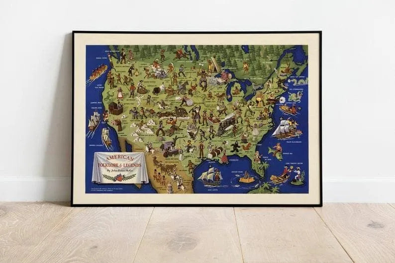 American Folklore Legends Map Print| Canvas Wall Art