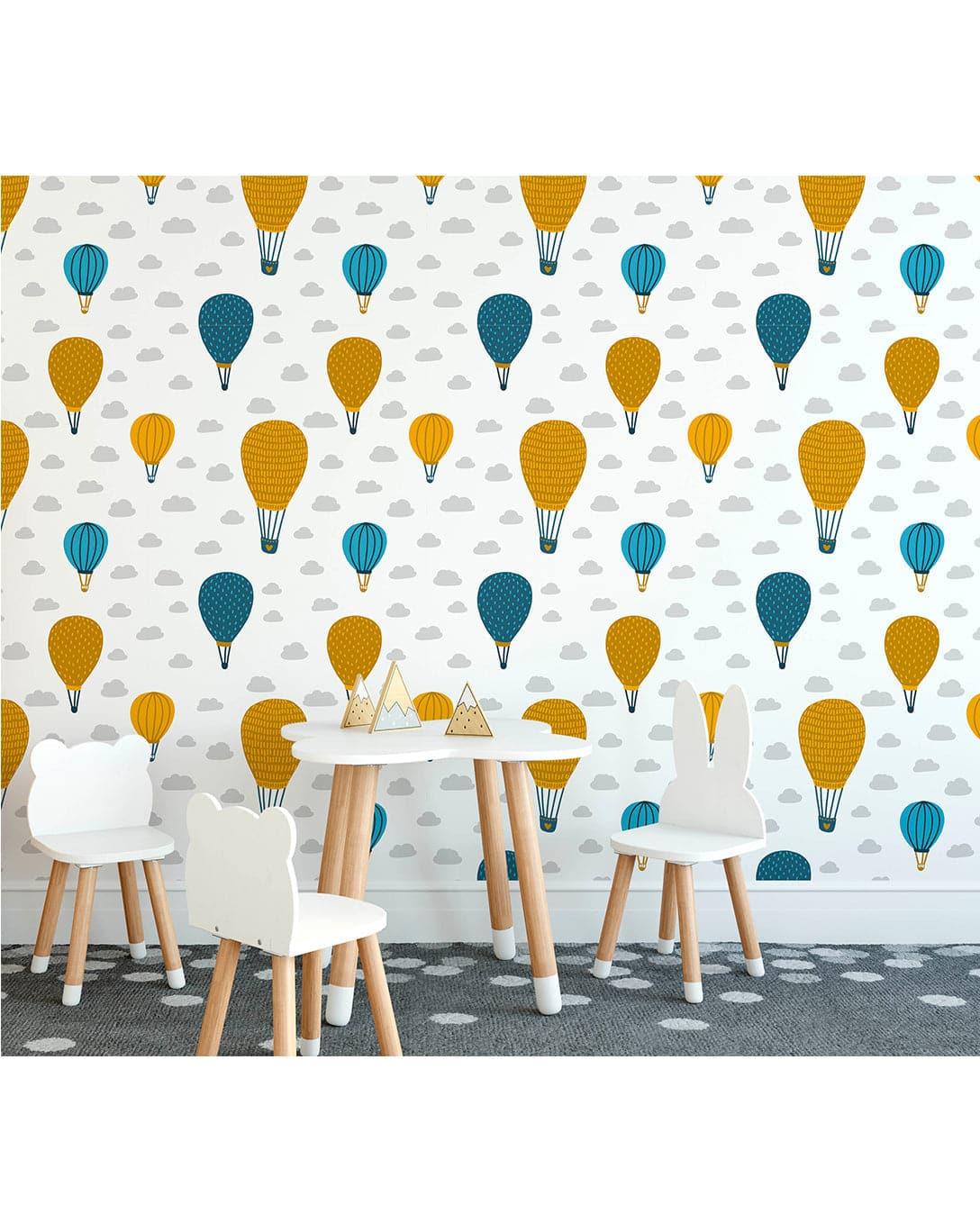 Animal Safari Repeated Wall Mural Kids Room Air Balloons in Sky Removable Wallpaper 