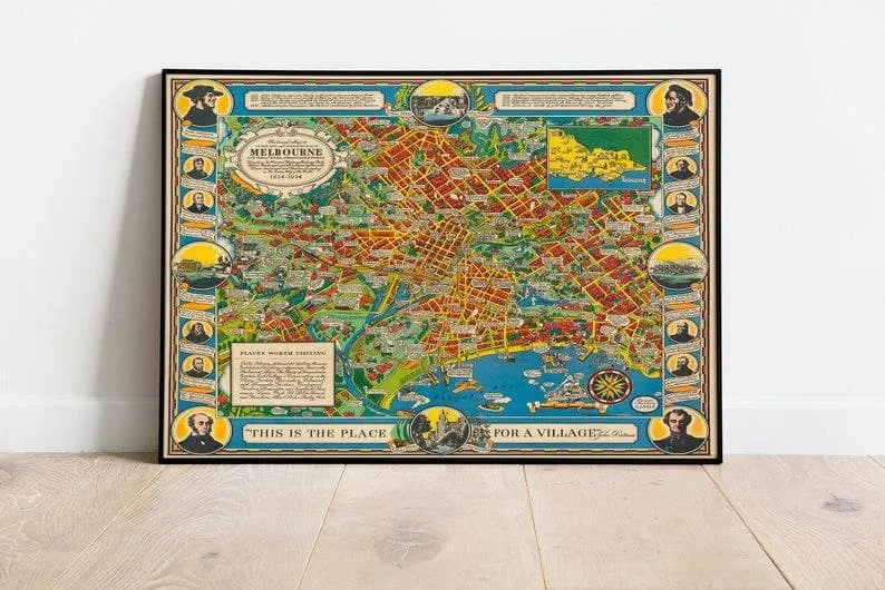 Antique Pictorial Map of Melbourne 1938