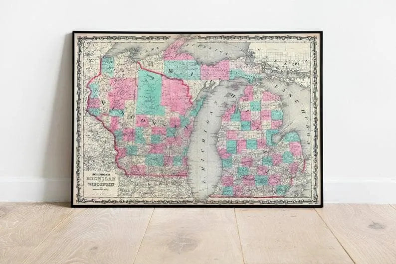 Antique Map of Wisconsin and Michigan| Lake Michigan