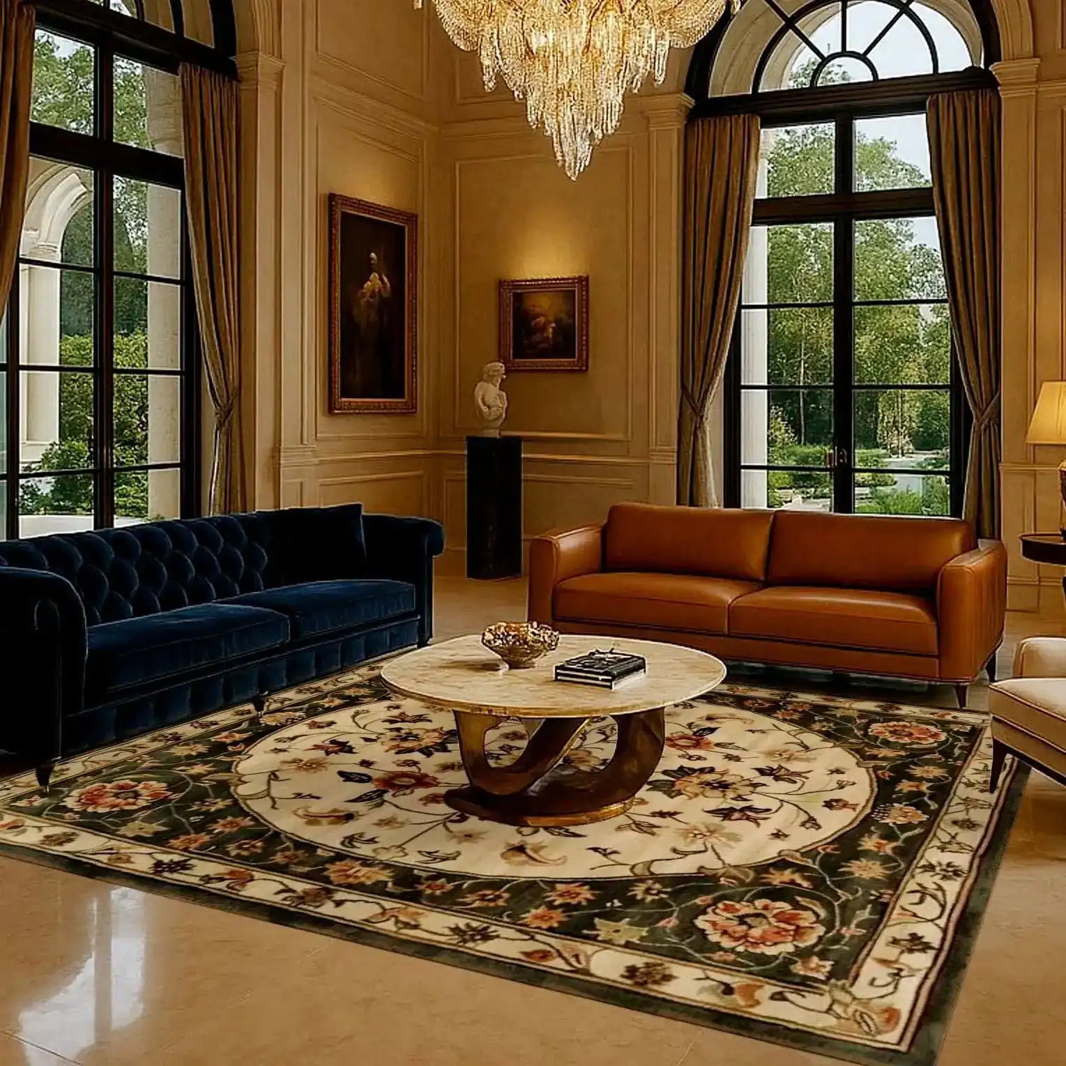 Elegant living room featuring a luxurious Antique Arabesque Wool Hand Knotted Area Rug. This vintage Persian rug, with its intricate design and square shape, complements the sophisticated ambiance of the room. The rug, ideal for living room area rugs, enhances the space with its exquisite patterns and rich wool texture.