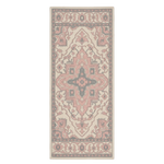 A rectangular area rug with a traditional ornamental medallion pattern in dusty pink, beige, and muted gray tones, shown flat against a plain white background.