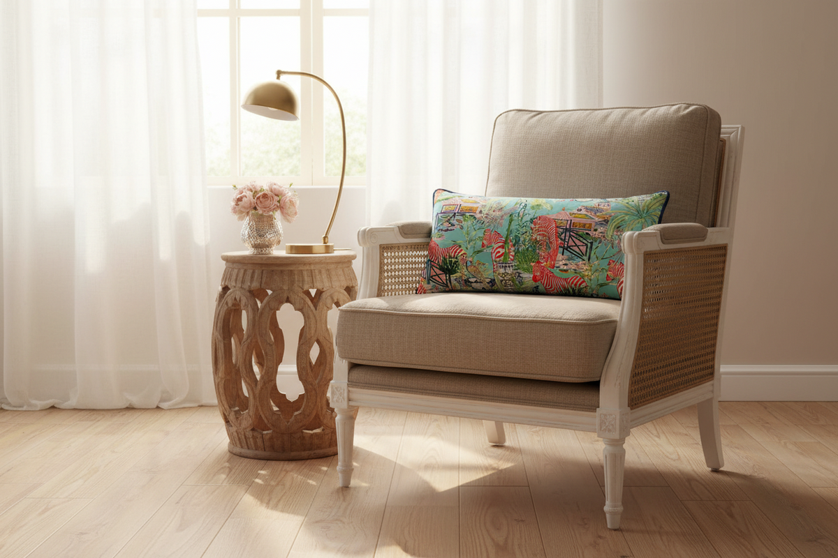 A beige upholstered armchair with woven cane sides and a colorful tropical floral throw pillow, styled in a bright room next to a carved wooden side table and a gold floor lamp.