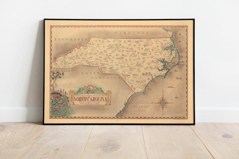 Arkansas Map Wall Print| 1938 Arkansas Map North Carolina Map Wall Print| 193 North Carolina Map 