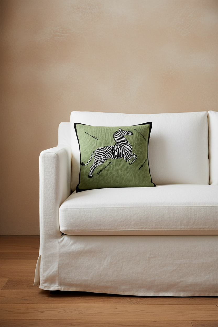 A square olive green throw pillow with a black and white zebra print and the word 'SABAJA' embroidered on it, resting on a white slipcovered sofa against a warm beige wall.