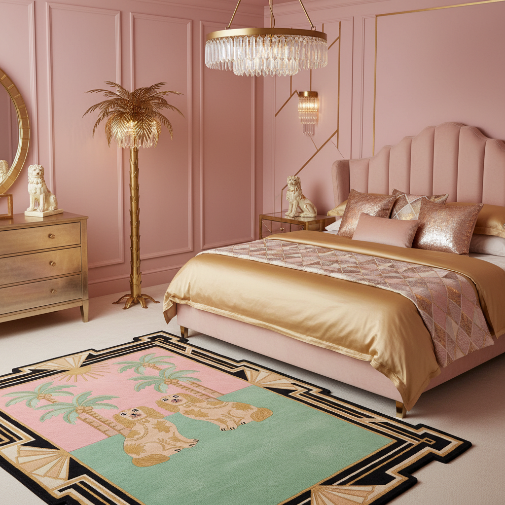 Luxurious bedroom with pink walls, gold accents, and a decorative rug.