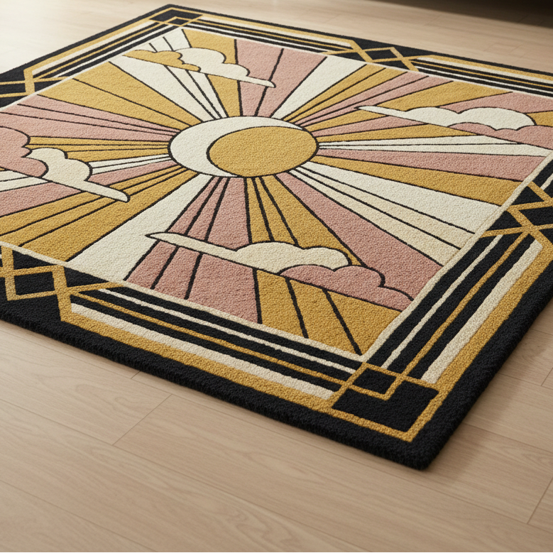 Decorative rug with geometric design on a wooden floor in a living room.