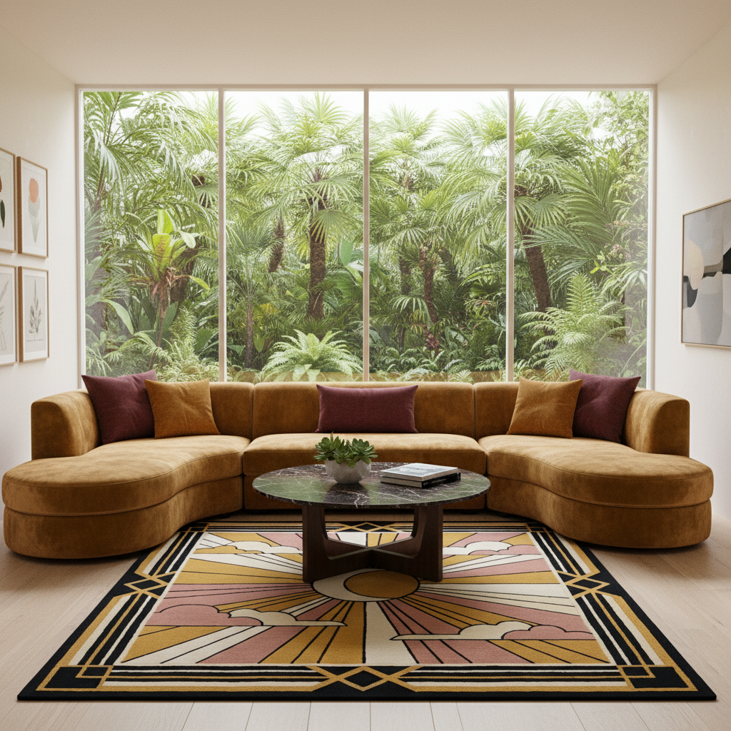 Art Deco Sun and Moon Hand Tufted Square Wool Rug