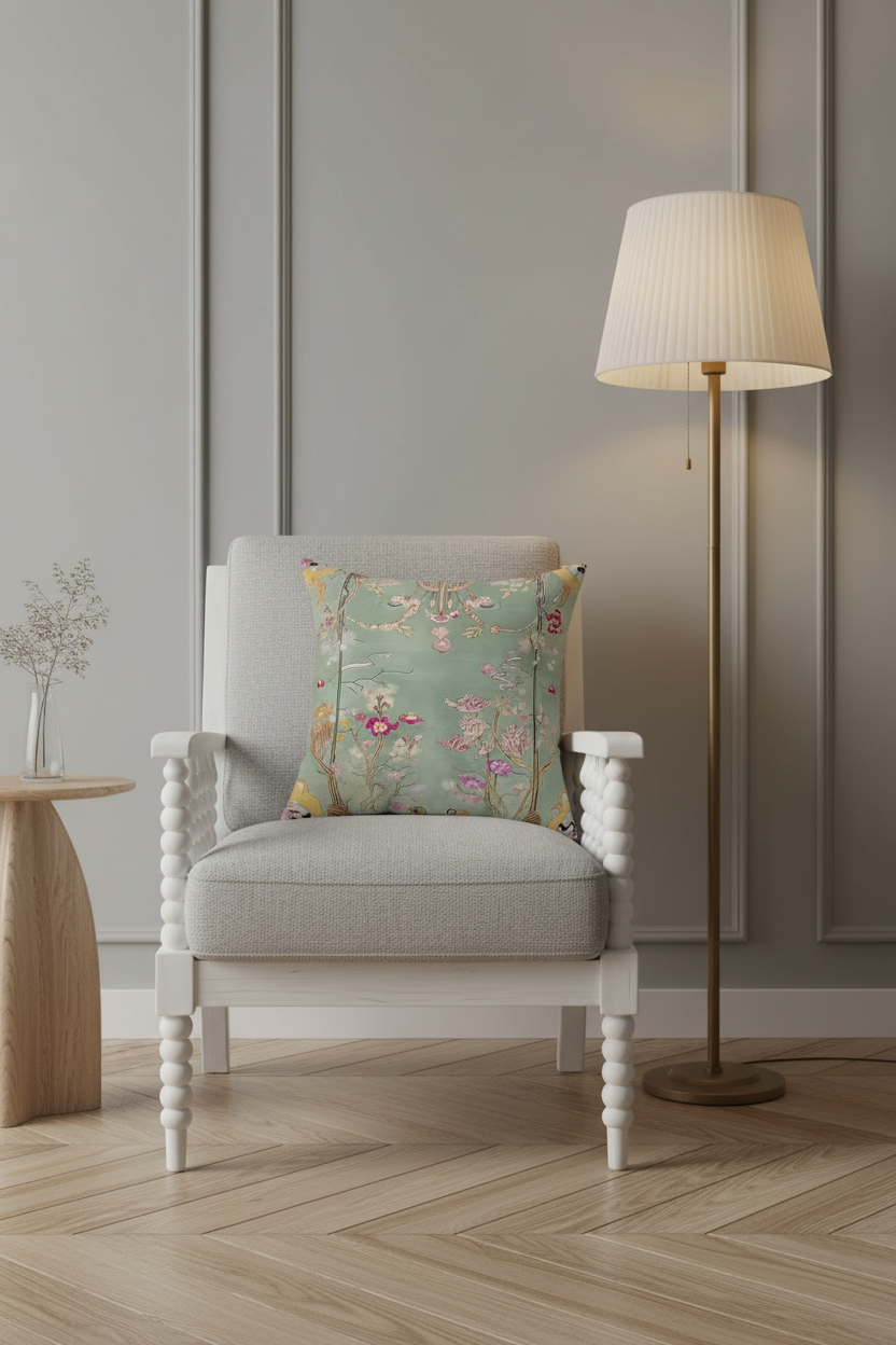 A light gray upholstered armchair with white turned wooden arms and legs, styled in a room with a floral accent pillow, a floor lamp, and a small wooden side table.