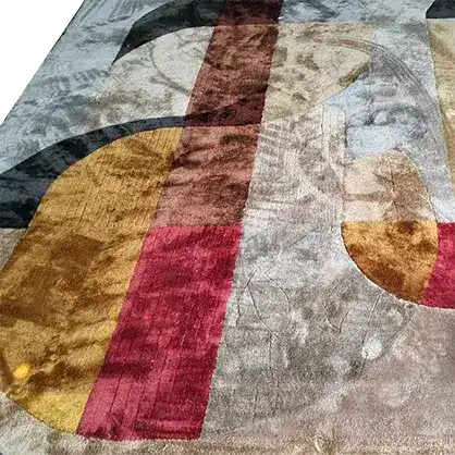 Art Deco Fusion Hand Tufted Rug featuring a bold geometric pattern in shades of red, gold, and black. This contemporary wool rug is perfect for adding a touch of elegance to your dining room or living room. Ideal as a large area rug for living room spaces, blending modern design with classic comfort.