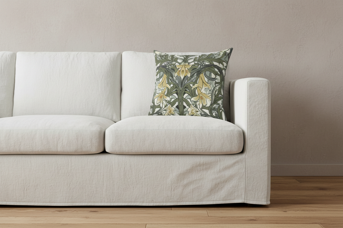 A white slipcovered sofa in a minimalist room setting, featuring a decorative throw pillow with a green and yellow floral pattern.