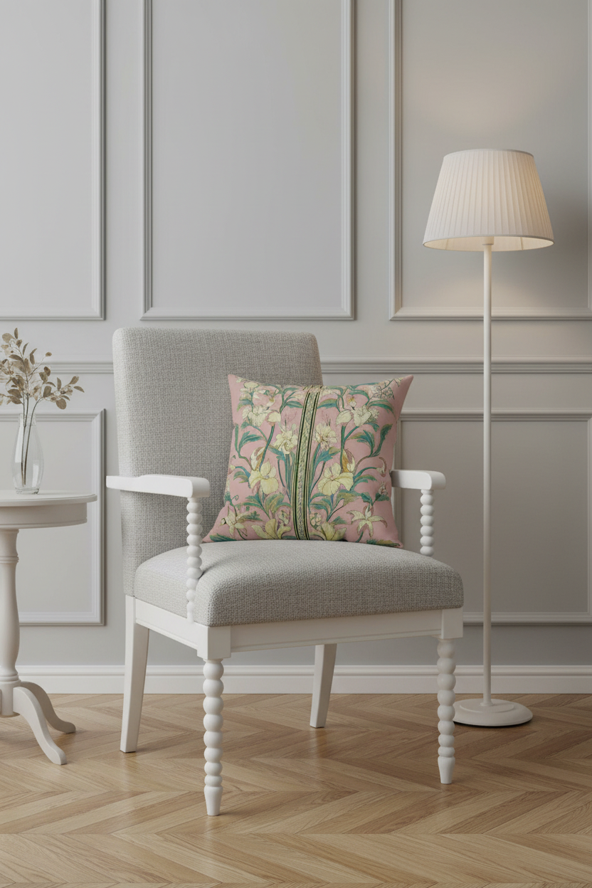 A light gray upholstered armchair with white turned legs and a pink botanical patterned throw pillow, set in a styled room with a white floor lamp, wood paneled walls, and a light wood herringbone floor.