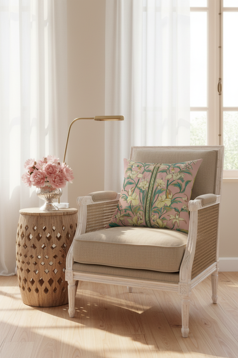 A light gray upholstered armchair with white turned legs and a pink botanical patterned throw pillow, set in a styled room with a white floor lamp, wood paneled walls, and a light wood herringbone floor.