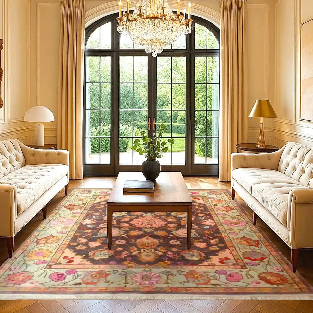 Elegant living room featuring an Artisan Floral Weave Hand Knotted Area Rug with intricate Persian floral patterns. This vintage rug adds a touch of sophistication to the space, perfectly complementing the classic decor. Ideal for living room rugs 8x10, providing warmth and style to any home.