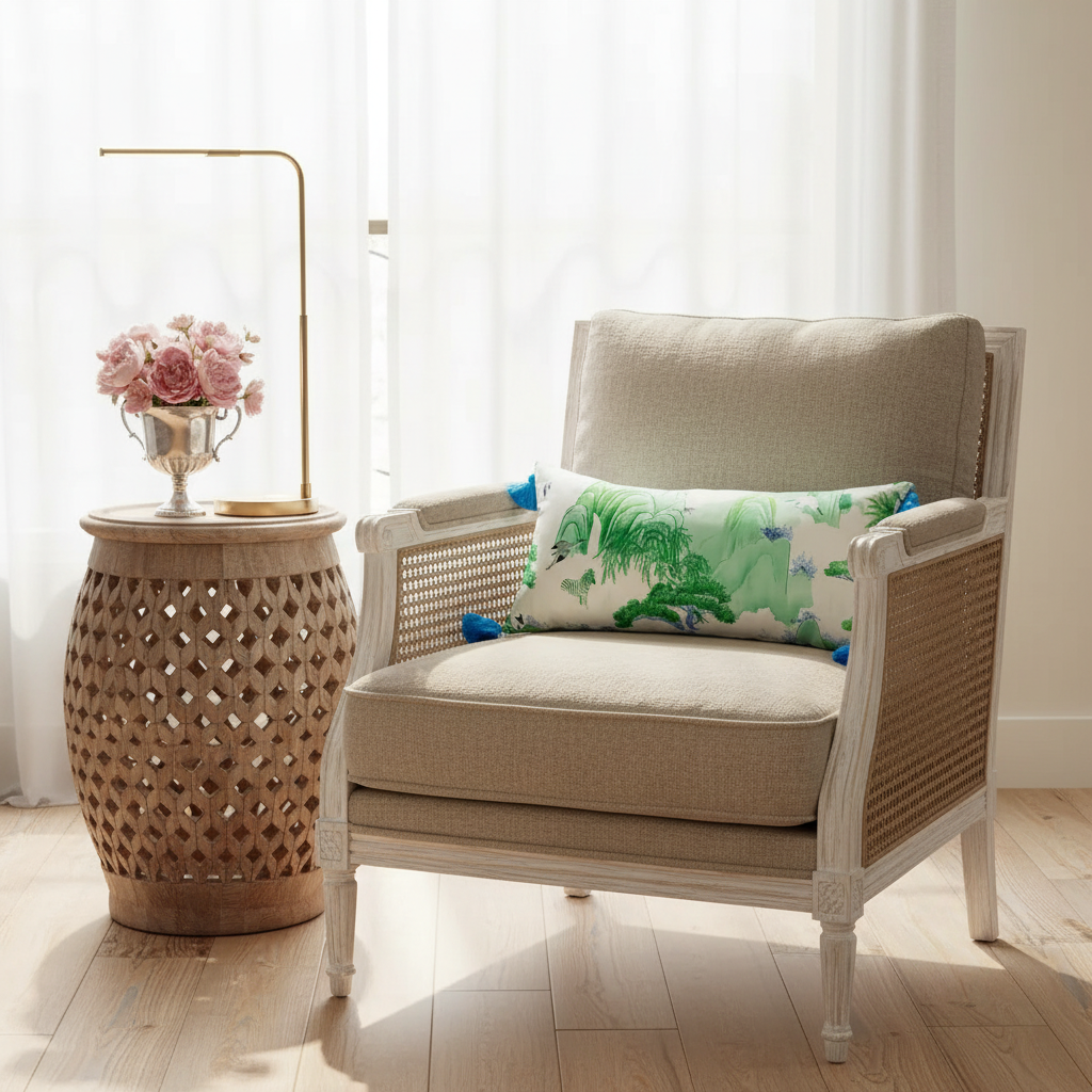 A beige upholstered armchair with a white frame and woven cane backrest, styled in a bright room with a patterned green and blue accent pillow. A matching woven side table with a gold lamp and pink flowers stands beside it.