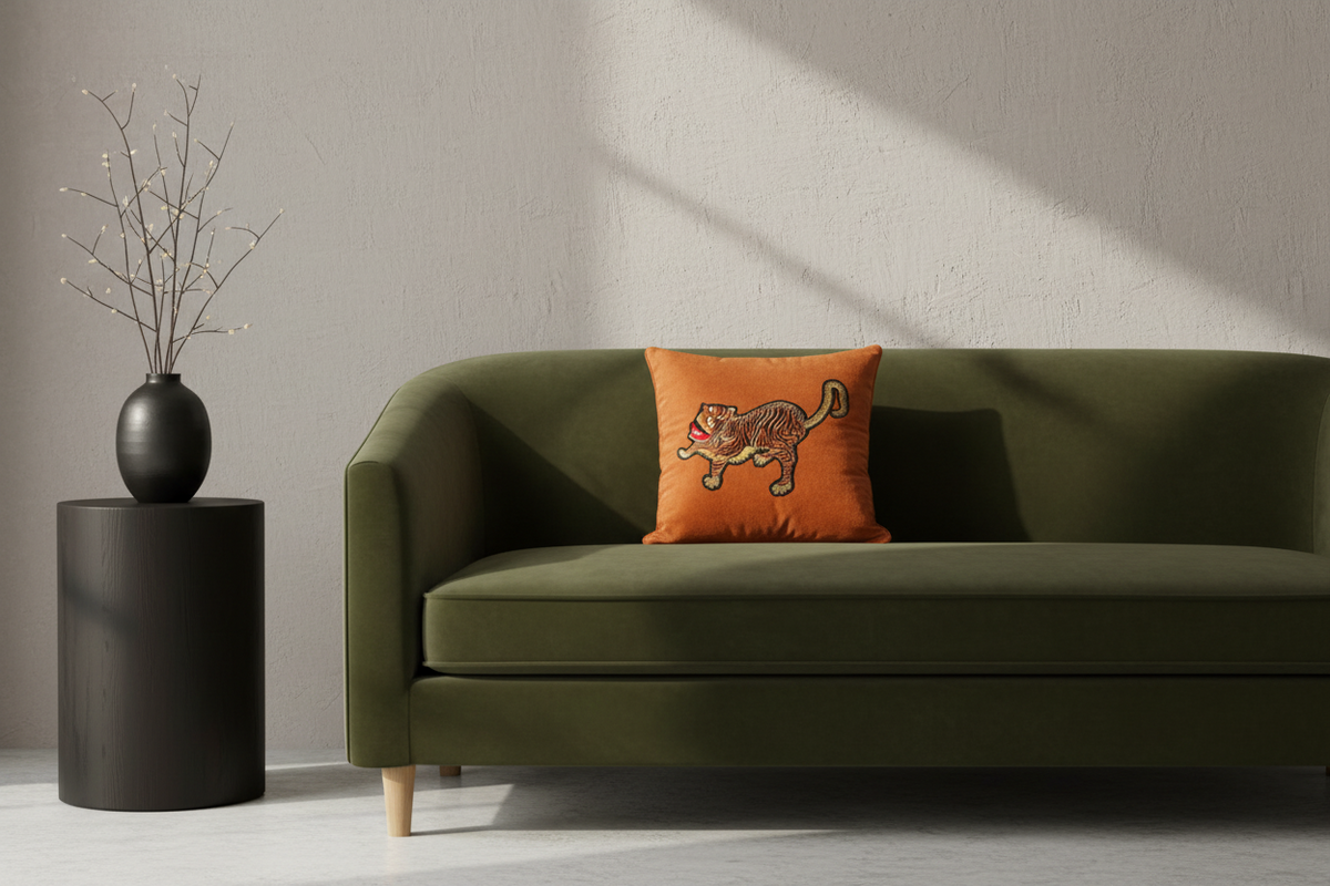An olive green velvet sofa in a modern living room setting, featuring a bright orange throw pillow with a embroidered tiger design. A black cylindrical side table with a black vase and dried branches stands to the left against a textured light gray wall with soft diagonal sunlight shadows.