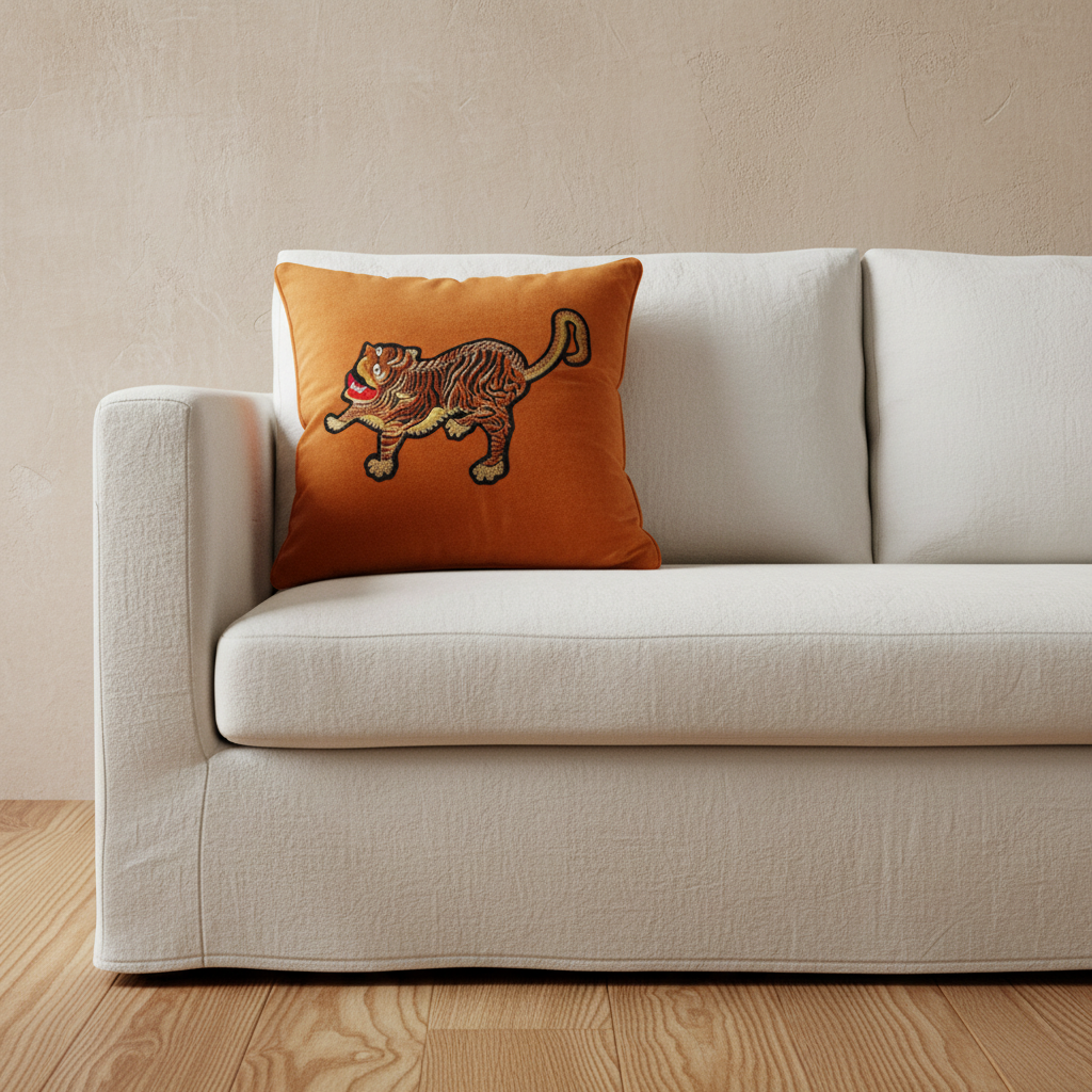 An olive green velvet sofa in a modern living room setting, featuring a bright orange throw pillow with a embroidered tiger design. A black cylindrical side table with a black vase and dried branches stands to the left against a textured light gray wall with soft diagonal sunlight shadows.
