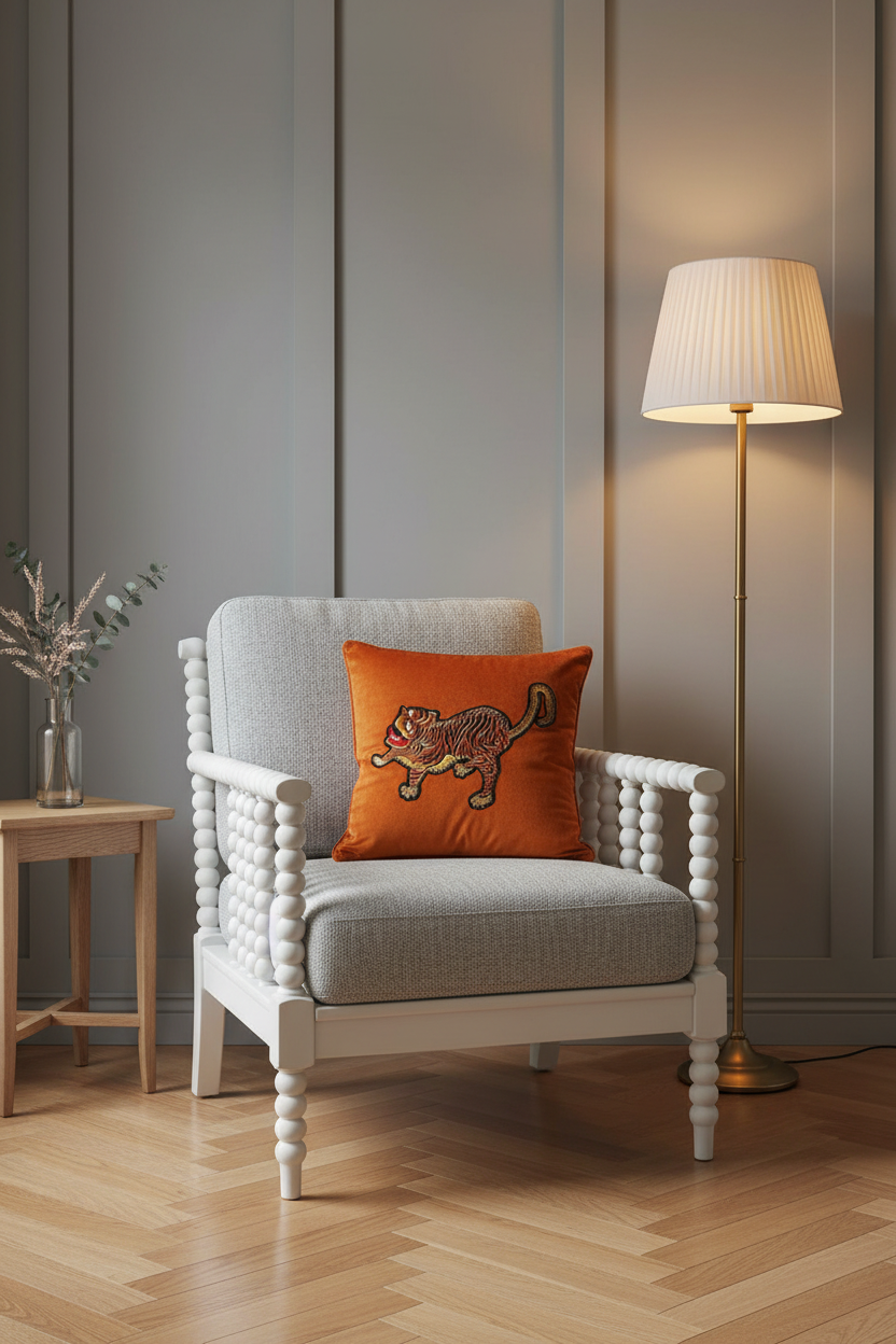 A white wooden armchair with a light gray upholstered seat and back, styled in a living room with a warm orange throw pillow featuring a tiger design. A lit floor lamp stands to the right against a gray paneled wall, and a small wooden side table is visible on the left.
