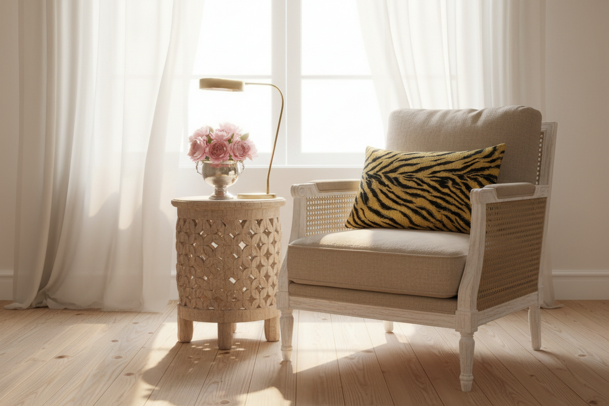 A beige upholstered armchair with a woven cane backrest and a yellow-and-black zebra-print accent pillow, styled in a bright room next to a carved wooden side table with a lamp and flowers.