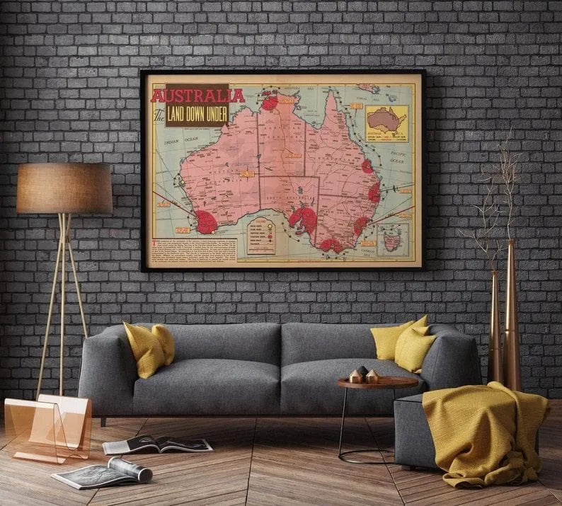 Australia Map Print 1942 Australia Map Wall Art