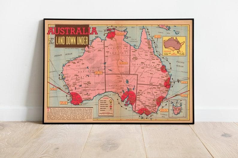 Australia Map Print 1942 Australia Map Wall Art 