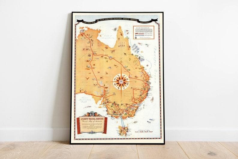 Australia Old Map Wall Print| Australia Canvas Wall Art 
